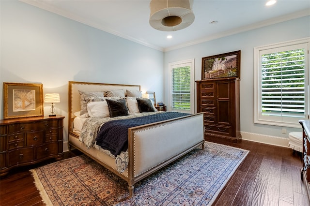 5311 Riviera Ct, College Station, TX 77845 - bedroom with baseboards, multiple windows, dark wood finished floors, ornamental molding, and recessed lighting