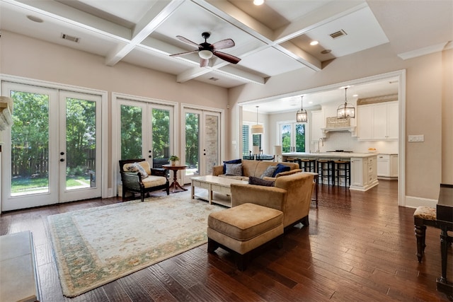5311 Riviera Ct, College Station, TX 77845 - living room with french doors, coffered ceiling, a ceiling fan, dark wood-style floors, and beam ceiling