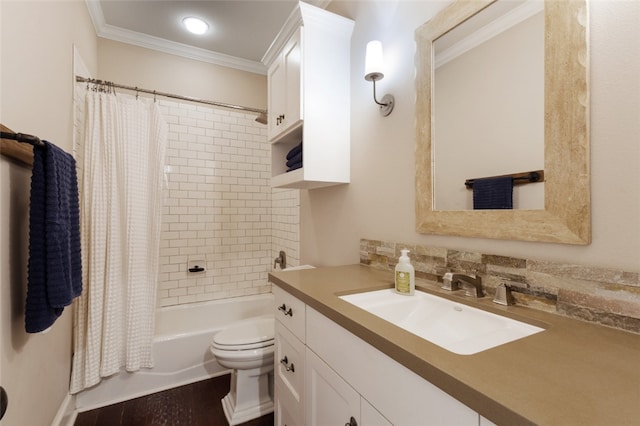5311 Riviera Ct, College Station, TX 77845 - full bathroom with ornamental molding, toilet, vanity, and shower / bath combo with shower curtain