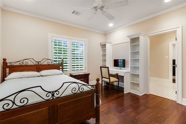 5311 Riviera Ct, College Station, TX 77845 - bedroom featuring crown molding, dark wood finished floors, baseboards, recessed lighting, and ceiling fan