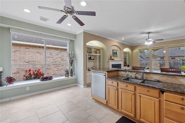 kitchen with ceiling fan, a sink, a fireplace, dark stone countertops, and stainless steel dishwasher