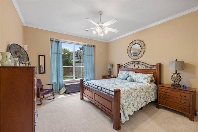 bedroom with ornamental molding, light carpet, and ceiling fan