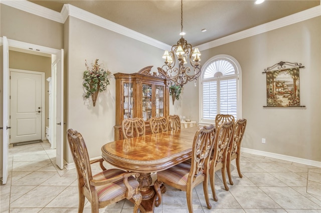 dining area featuring light tile patterned floors, crown molding, and a chandelier