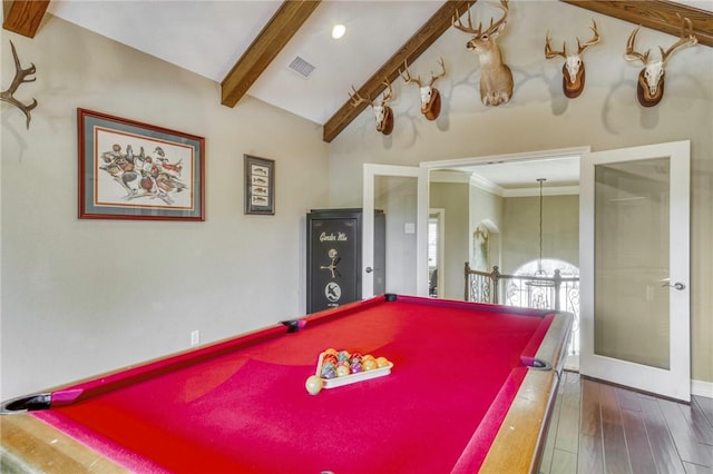 playroom featuring lofted ceiling with beams, visible vents, pool table, and wood finished floors