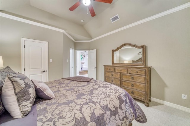 carpeted bedroom with a ceiling fan, lofted ceiling, baseboards, visible vents, and ornamental molding