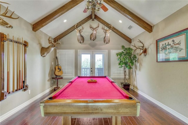 game room featuring french doors, lofted ceiling with beams, wood finished floors, baseboards, and visible vents