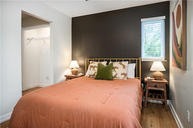 bedroom featuring a spacious closet, wood-type flooring, and a closet