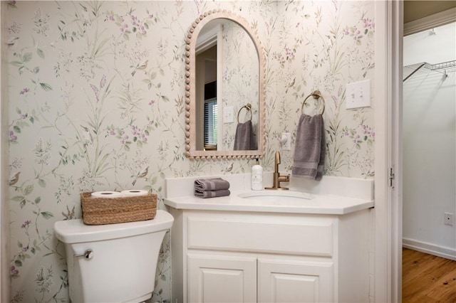 bathroom with hardwood / wood-style flooring, vanity, and toilet