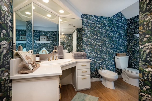 bathroom featuring hardwood / wood-style floors, a bidet, vaulted ceiling, toilet, and vanity