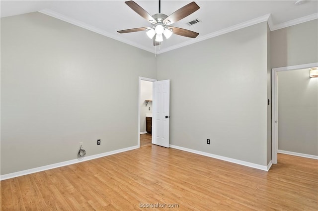 unfurnished bedroom with light hardwood / wood-style flooring, ceiling fan, and ornamental molding