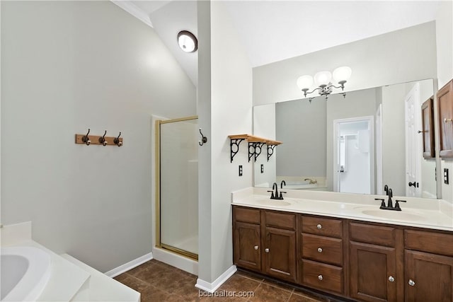 bathroom with separate shower and tub, tile patterned flooring, vanity, and lofted ceiling