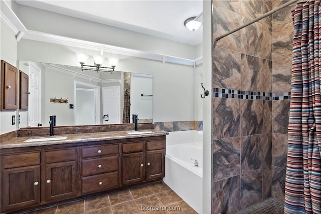 bathroom featuring tile patterned flooring, vanity, and independent shower and bath