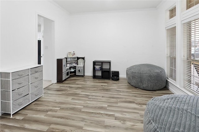 interior space featuring light wood-type flooring and crown molding