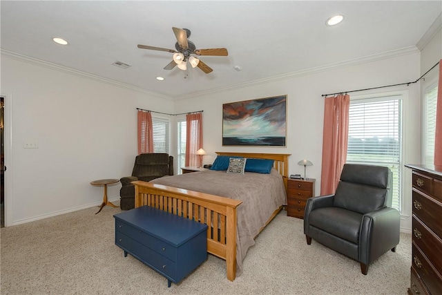 bedroom featuring visible vents, recessed lighting, light colored carpet, a ceiling fan, and ornamental molding