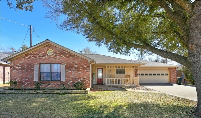 single story home with a garage, covered porch, and a front lawn