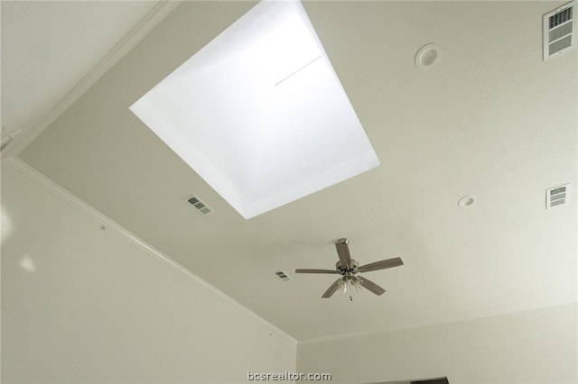 interior details featuring ceiling fan and crown molding