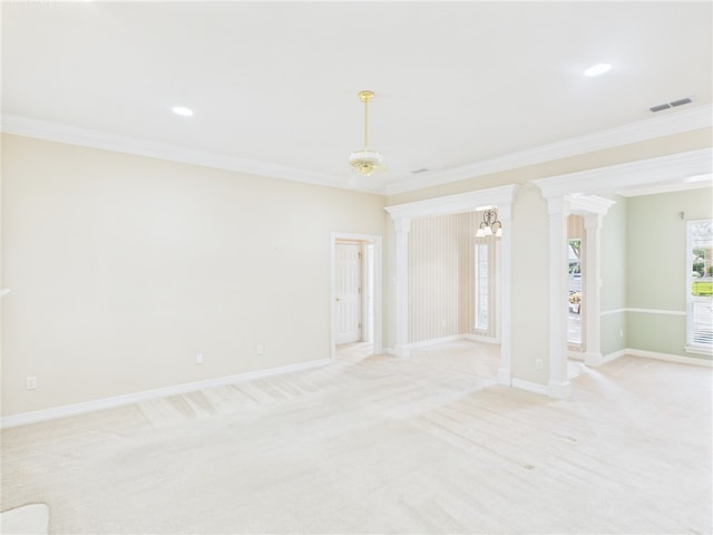 5614 Thomas Nelson Dr, Tyler, TX 75707 - spare room featuring ornamental molding, ornate columns, light colored carpet, a chandelier, and recessed lighting