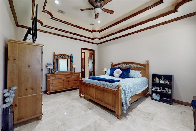 bedroom featuring a ceiling fan, crown molding, baseboards, and visible vents