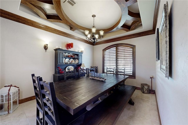 dining room featuring visible vents, baseboards, a tray ceiling, light tile patterned floors, and an inviting chandelier