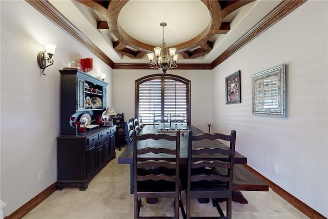 dining room with an inviting chandelier, crown molding, baseboards, and coffered ceiling