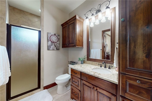 full bath with vanity, a shower stall, toilet, and tile patterned flooring