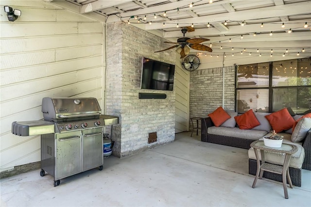 view of patio / terrace with outdoor lounge area, ceiling fan, and grilling area