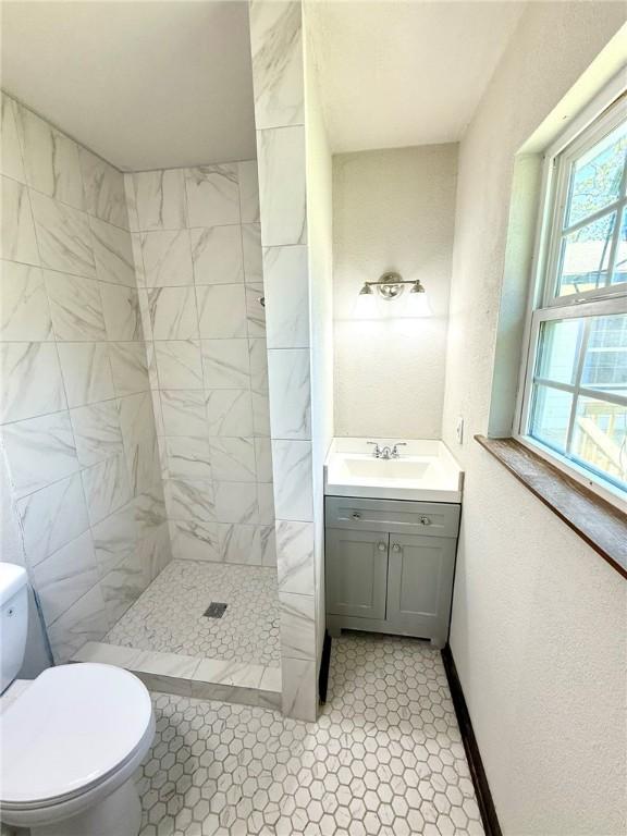 bathroom featuring toilet, a stall shower, vanity, and plenty of natural light