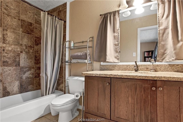 full bathroom with shower / tub combo, vanity, a textured ceiling, tile patterned flooring, and toilet