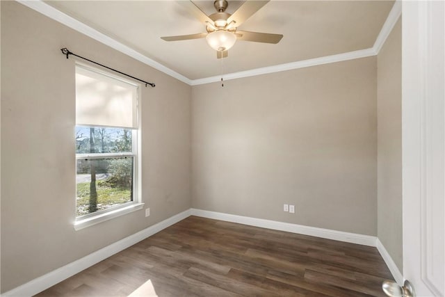 unfurnished room featuring ceiling fan, crown molding, and dark hardwood / wood-style flooring