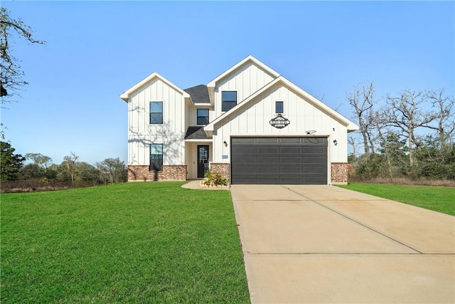 modern farmhouse with a garage and a front yard