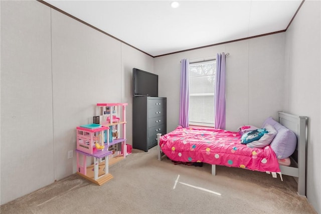 carpeted bedroom featuring ornamental molding