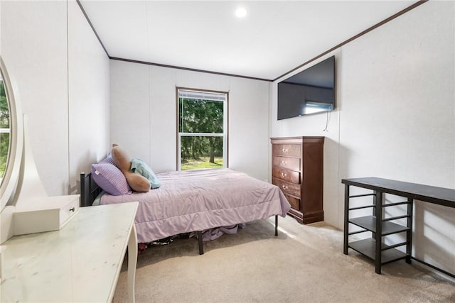 bedroom featuring carpet floors and ornamental molding