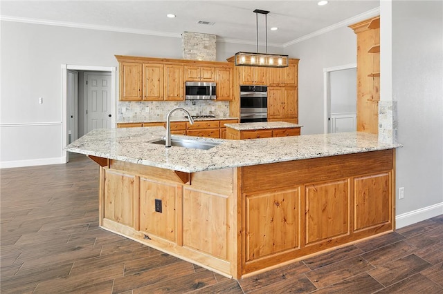 kitchen featuring sink, light stone countertops, stainless steel appliances, and dark wood-type flooring