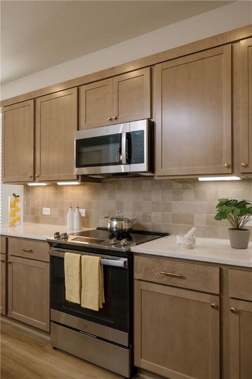 kitchen with light wood-type flooring, stainless steel appliances, and tasteful backsplash