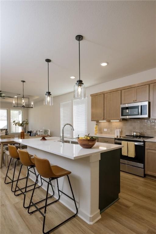 kitchen featuring sink, light wood-type flooring, an island with sink, and appliances with stainless steel finishes