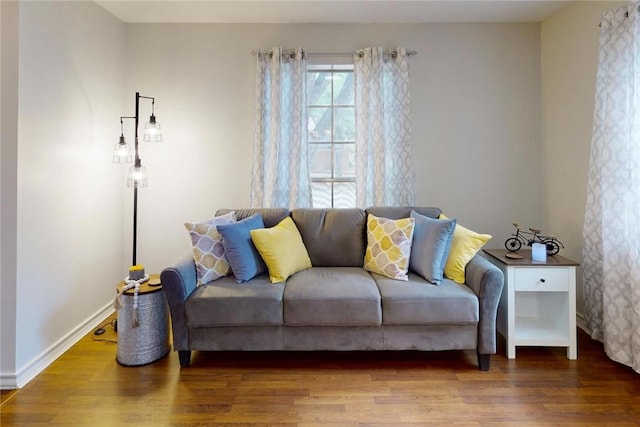 living area featuring baseboards and wood finished floors