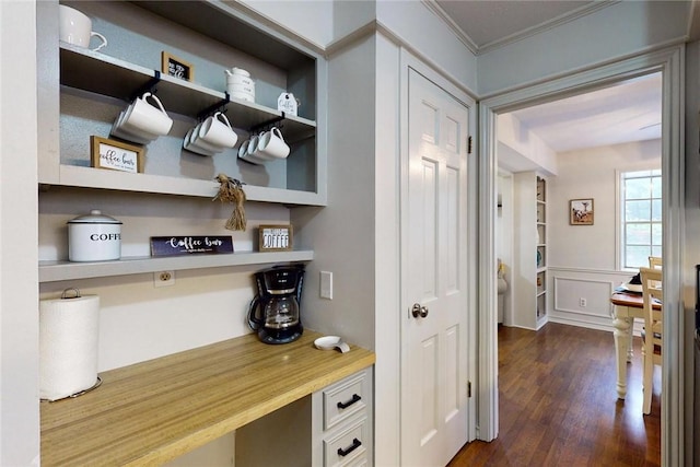 mudroom featuring crown molding and dark wood-style floors