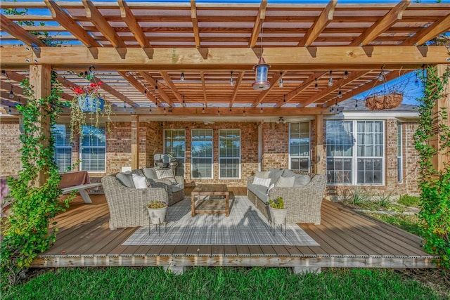 deck featuring outdoor lounge area and a pergola