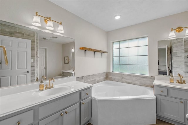 bathroom with vanity and a washtub