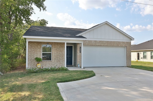 ranch-style house with a front yard and a garage