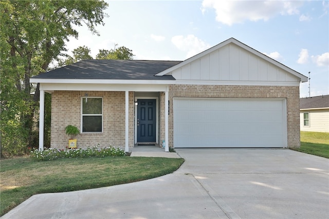 ranch-style house with a garage and a front yard