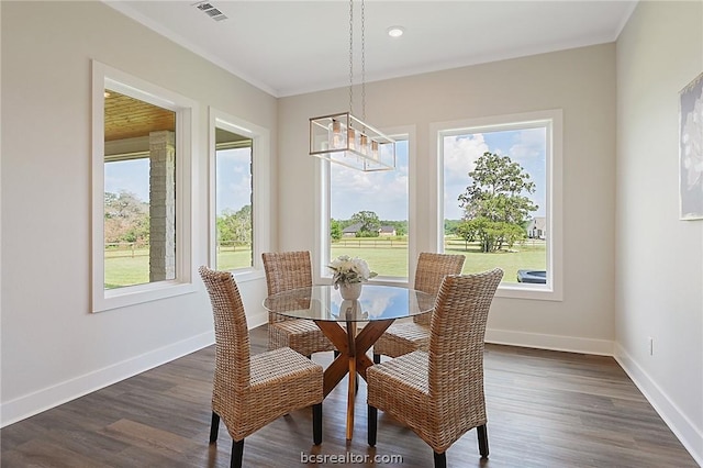 dining room featuring a healthy amount of sunlight, dark hardwood / wood-style flooring, and a chandelier