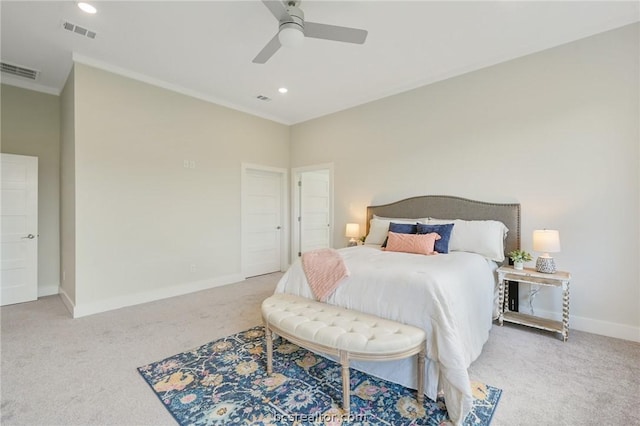 carpeted bedroom featuring ceiling fan