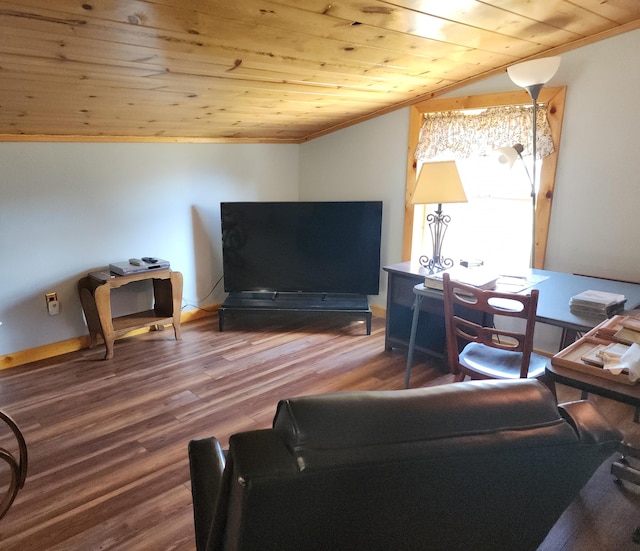 living room featuring wood finished floors, wood ceiling, baseboards, vaulted ceiling, and crown molding