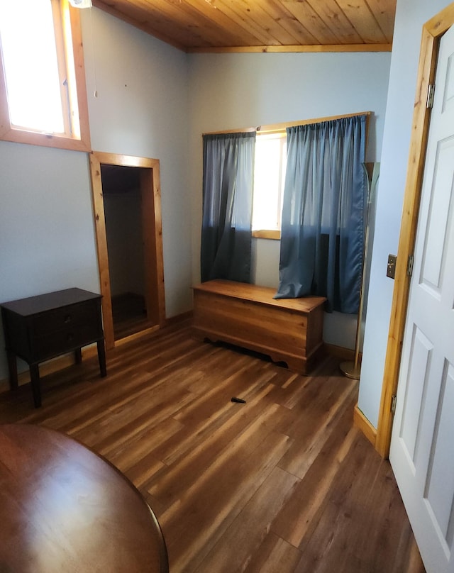 interior space with dark wood-type flooring and wood ceiling