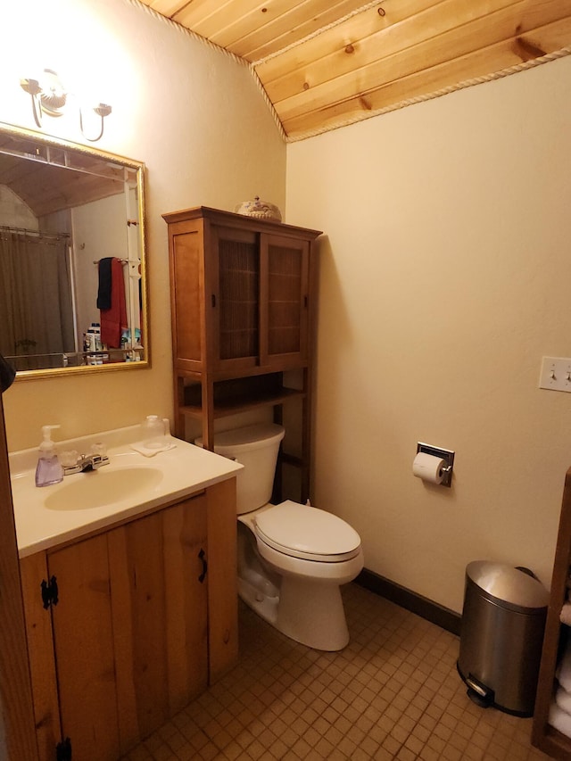 full bath with baseboards, toilet, wooden ceiling, lofted ceiling, and vanity