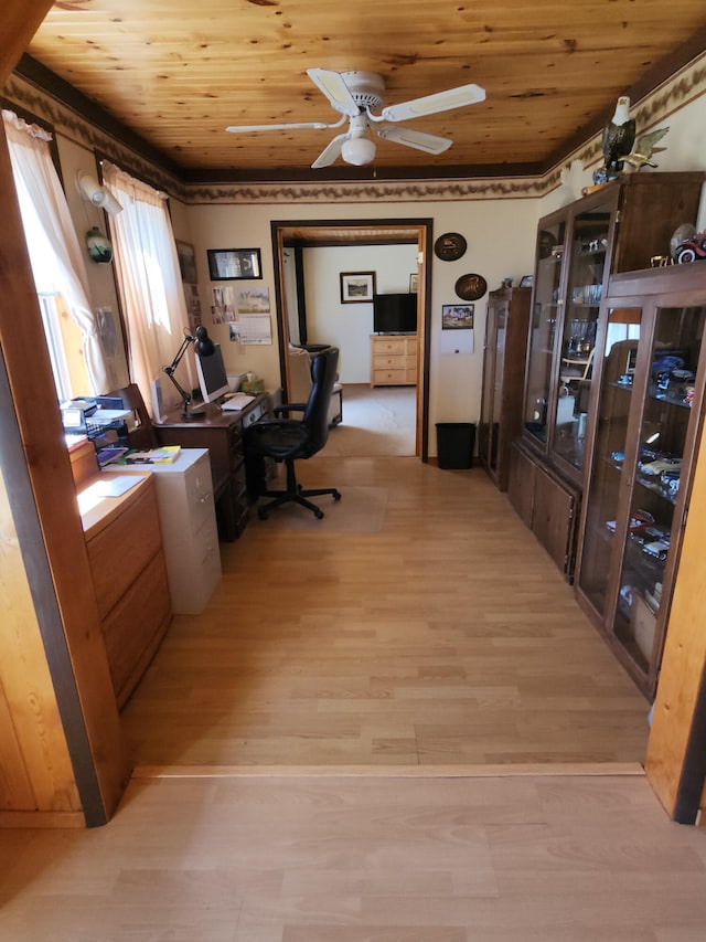 office area featuring wood ceiling, ceiling fan, and light wood finished floors