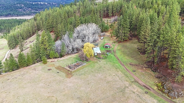 drone / aerial view with a wooded view