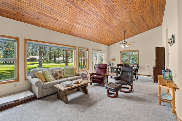 325 Hogans Way, Chewelah, WA 99109 - carpeted living area featuring vaulted ceiling, a ceiling fan, and wooden ceiling