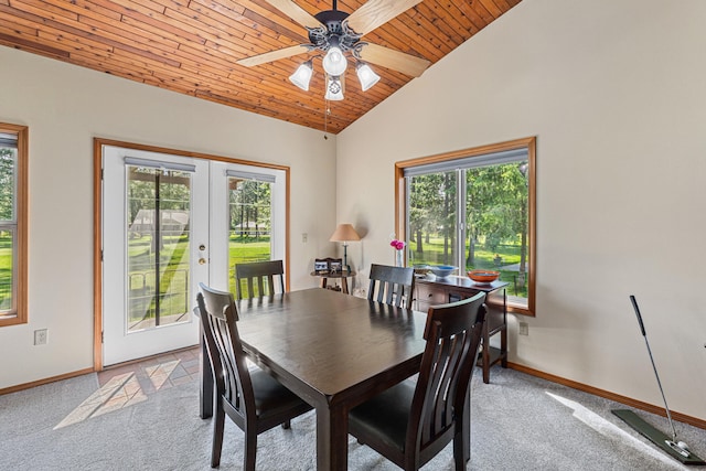 325 Hogans Way, Chewelah, WA 99109 - dining area featuring wooden ceiling, baseboards, lofted ceiling, carpet flooring, and ceiling fan
